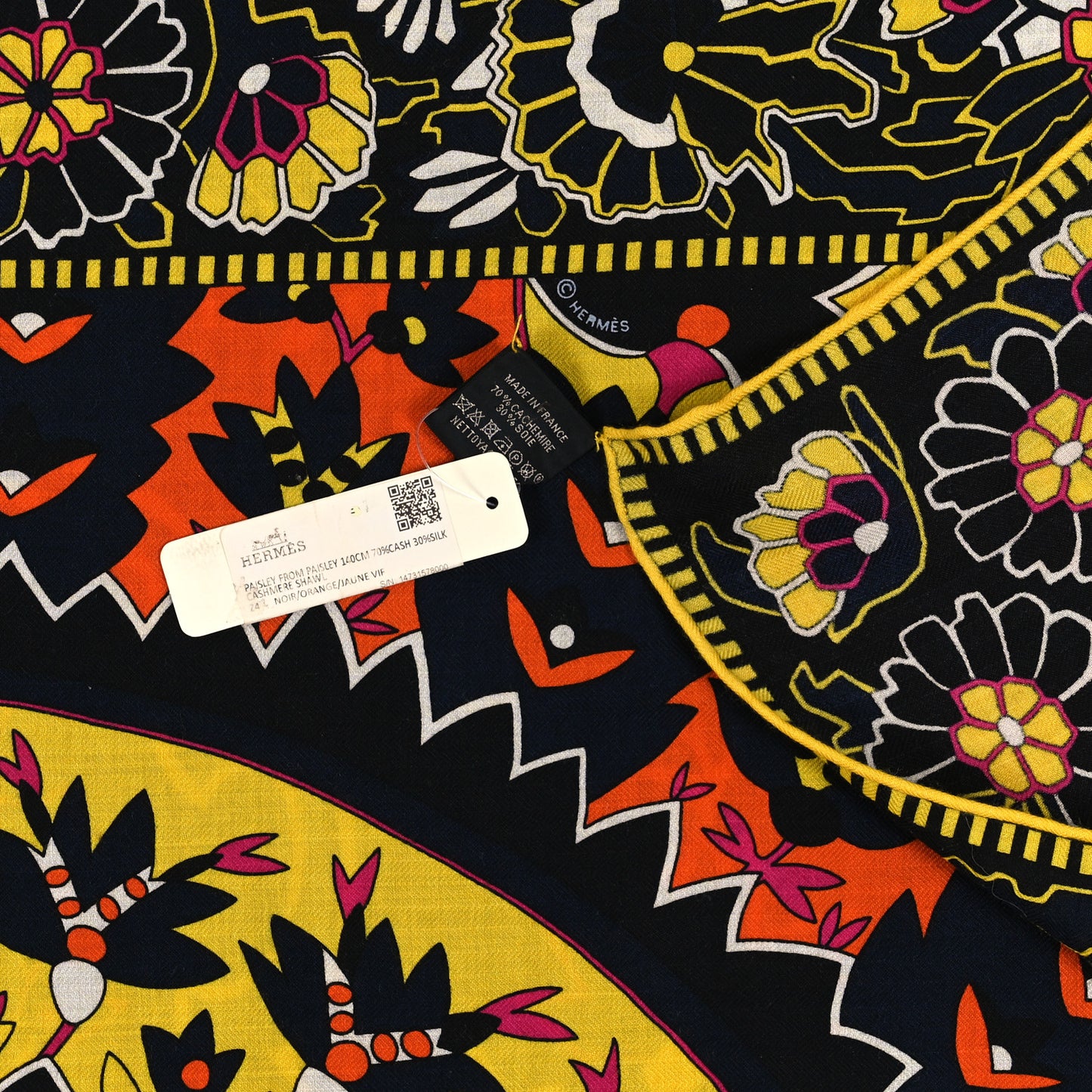Cashmere Silk Paisley From Paisley Shawl 140 Black Orange Jaune Vif
