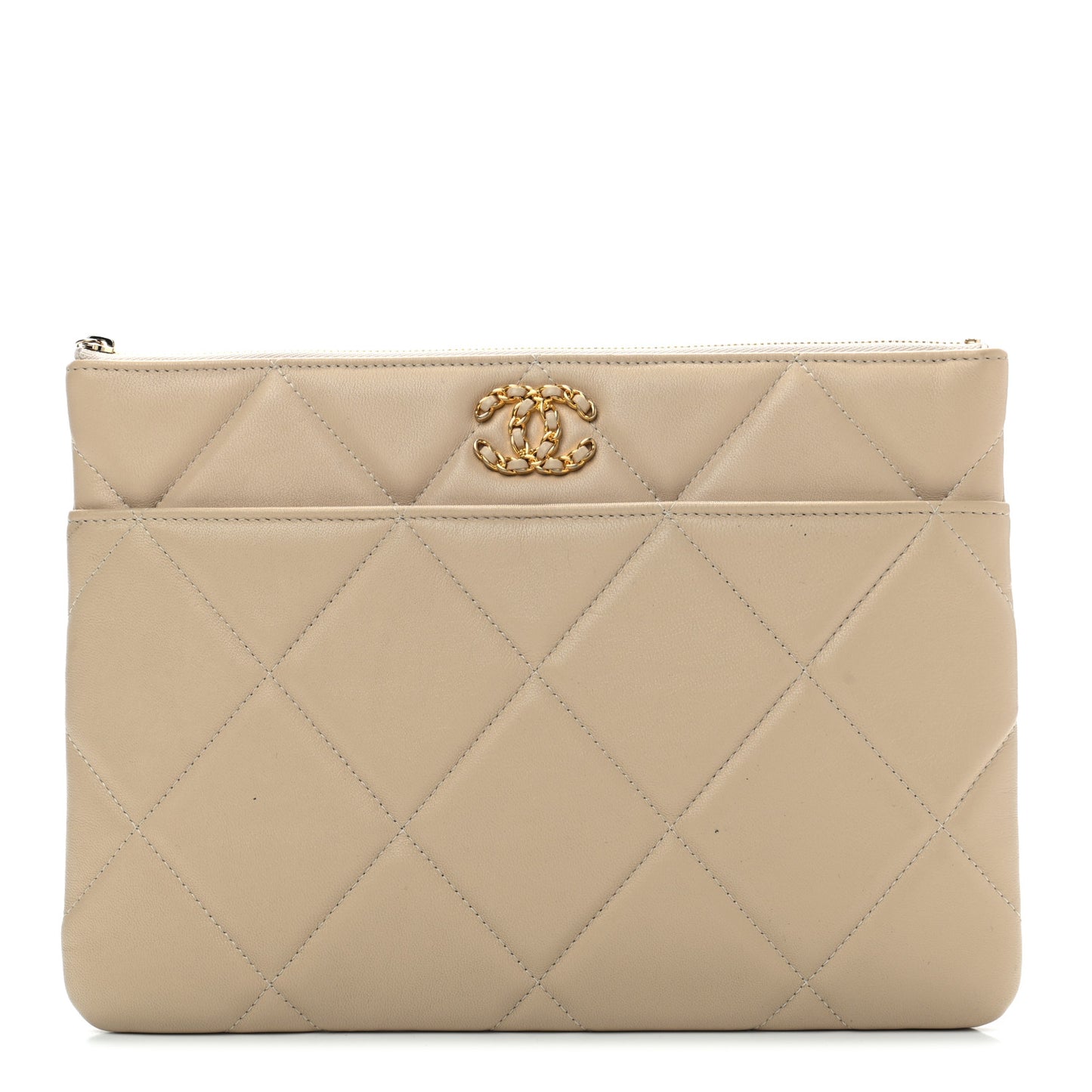 Shiny Goatskin Quilted Chanel 19 Pouch Beige
