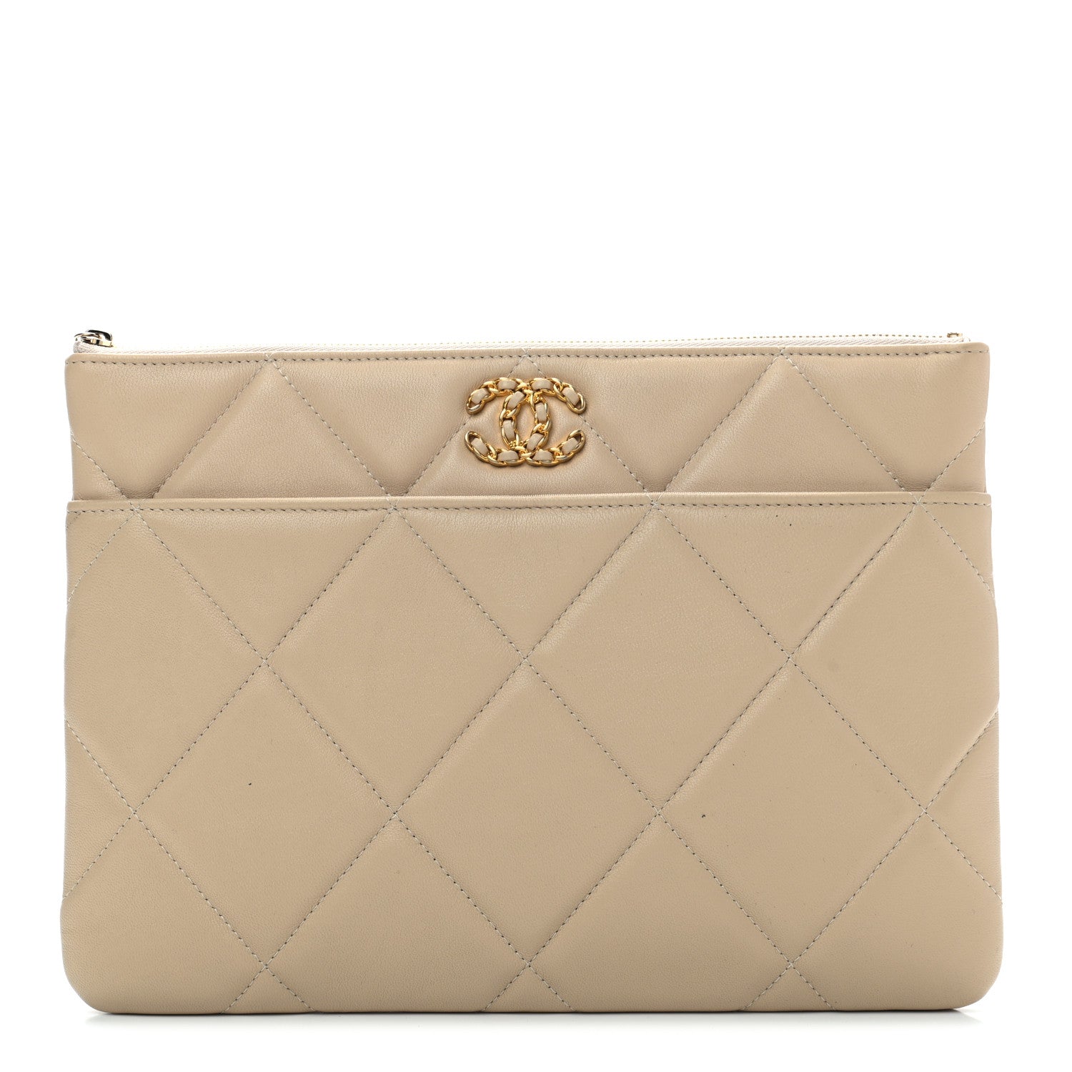 Chanel Shiny Goatskin Quilted Chanel 19 Pouch Beige 1 of 7
