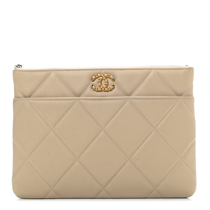 Chanel Shiny Goatskin Quilted Chanel 19 Pouch Beige 1 of 7