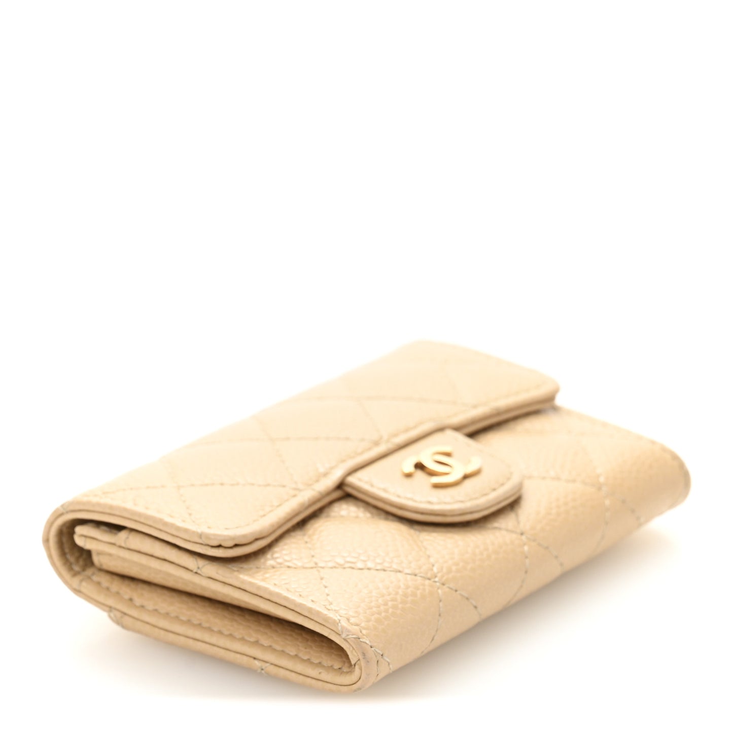 Caviar Quilted Flap Card Holder Wallet Beige