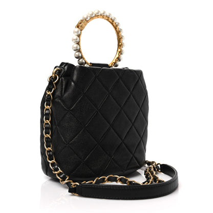 Chanel Lambskin Quilted Pearl Crown Drawstring Bag Black 3 of 8