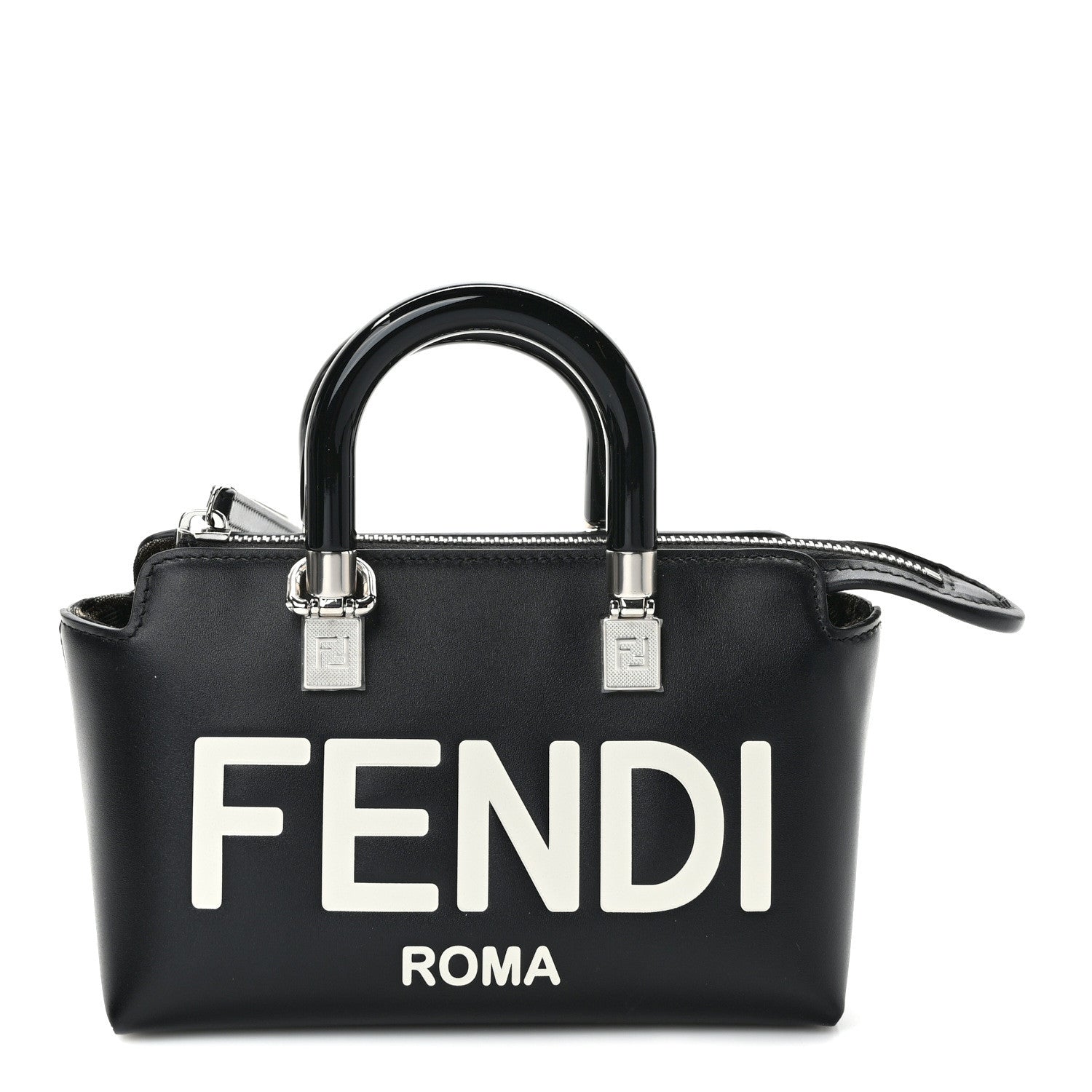 Fendi Vitello King Plexiglass Logo Embossed Mini By The Way Top Handle Boston Bag Black White 1 of 9