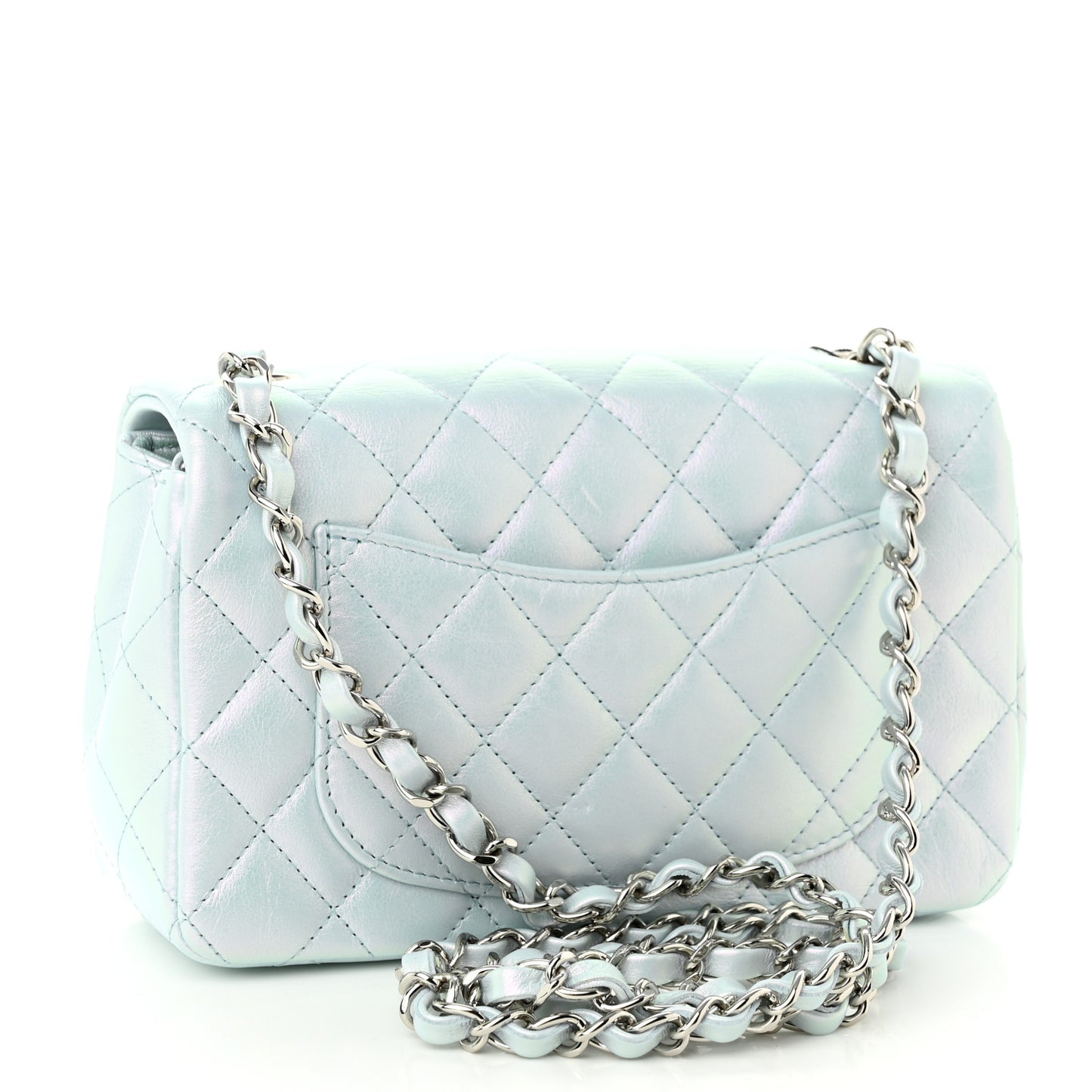 Iridescent Calfskin Quilted Mini Rectangular Flap Light Blue