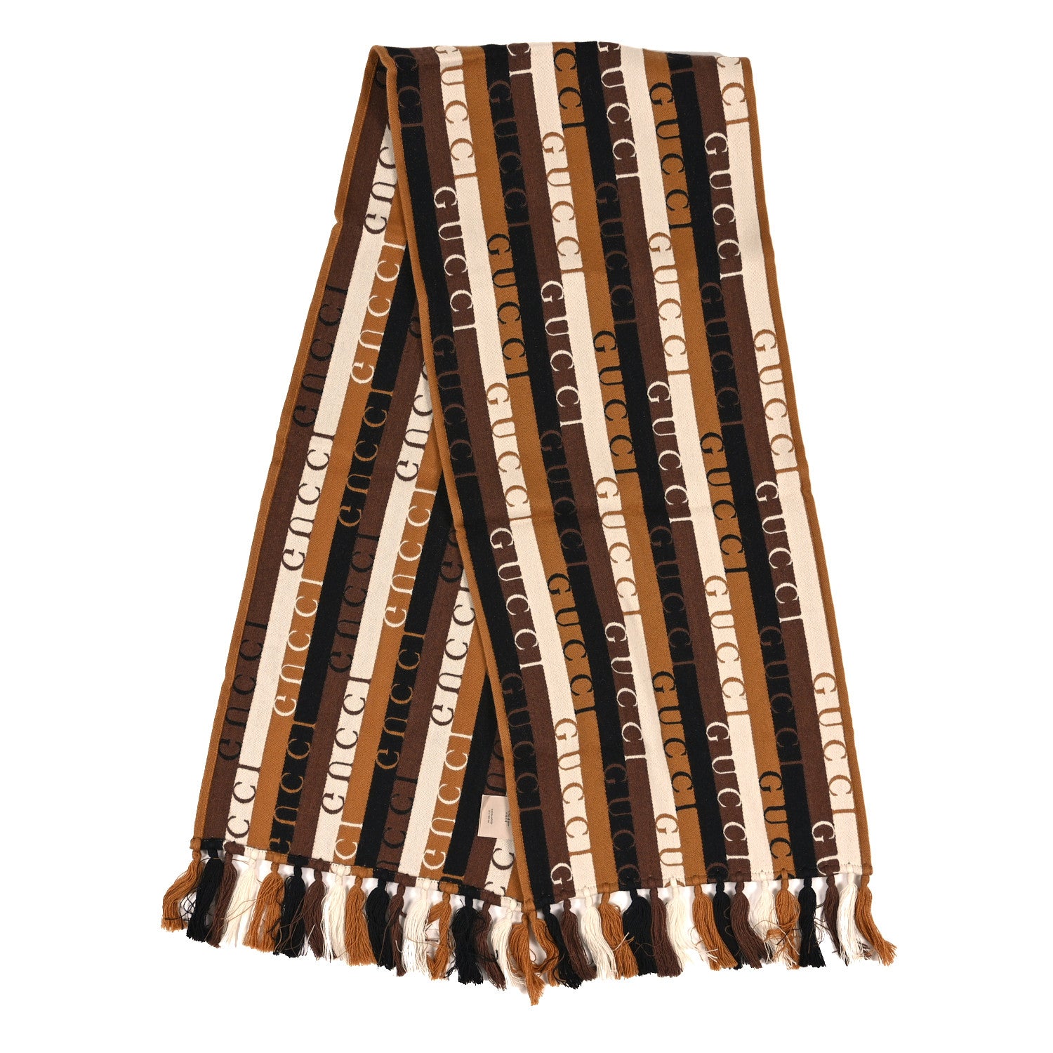 Gucci Wool Cotton Logo Wood Stripes Scarf Light Brown Dark Brown 2 of 4