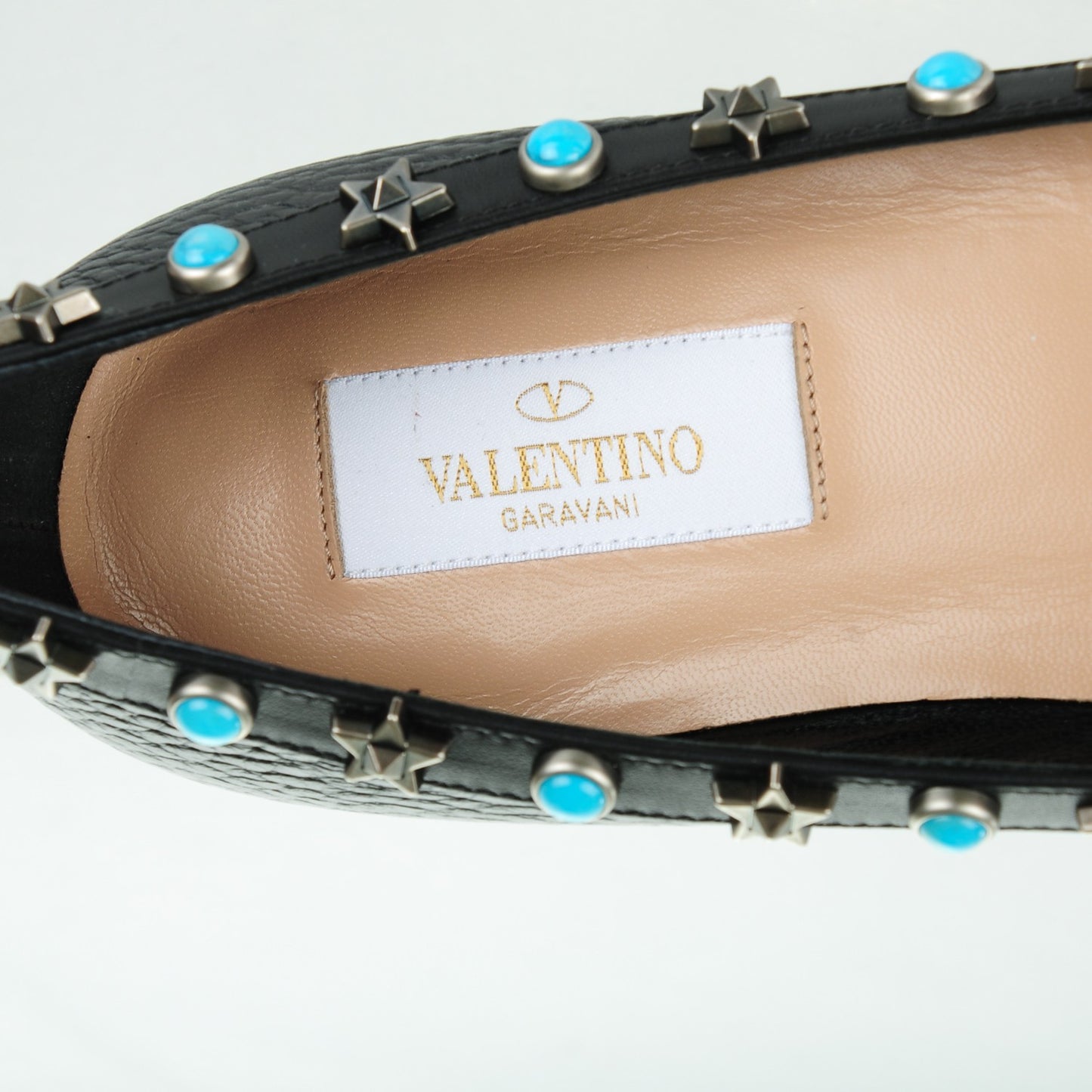 Pebbled Calfskin Rockstud Rolling Ballerina Flats 36.5 Black