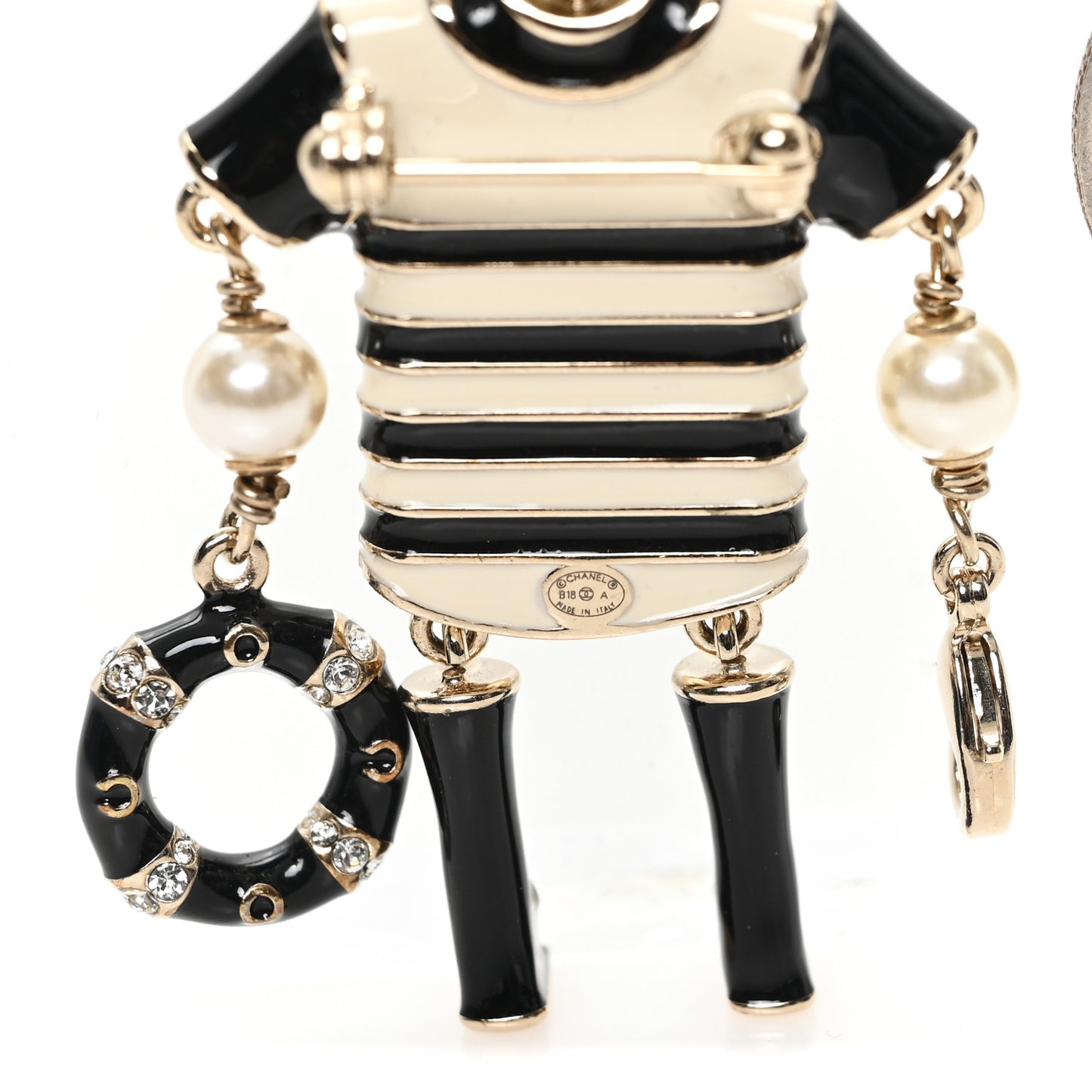 Enamel Crystal Pearl CC Sailor Brooch Black White