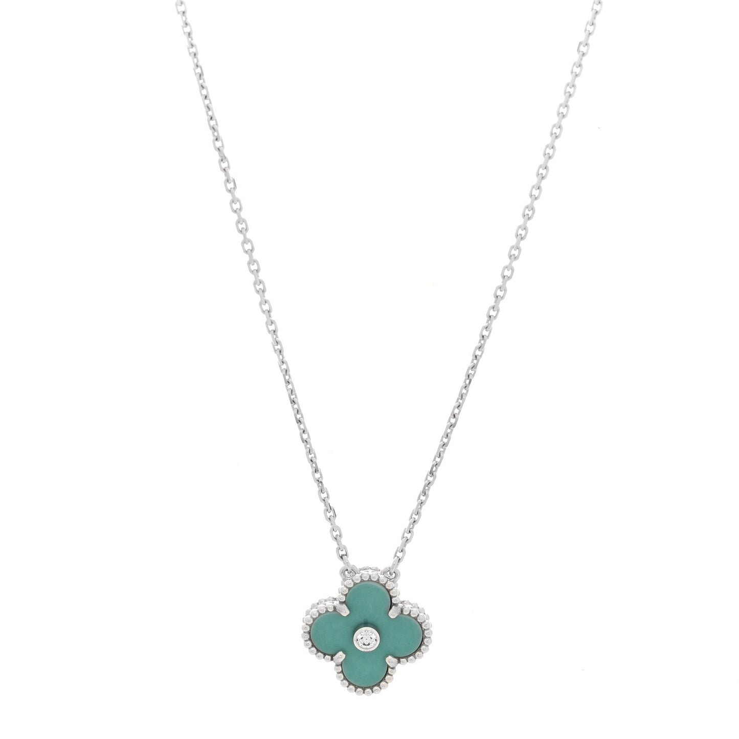 18K White Gold Diamond Celadon Green Sevres Porcelain Vintage Alhambra Pendant Necklace