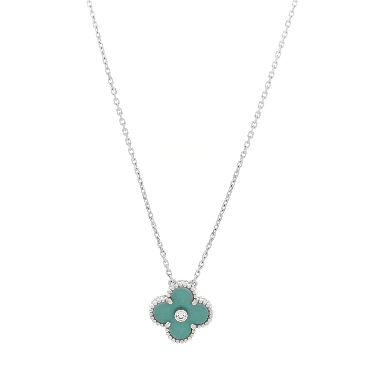 Van Cleef & Arpels 18K White Gold Diamond Celadon Green Sevres Porcelain Vintage Alhambra Pendant Necklace 1 of 5