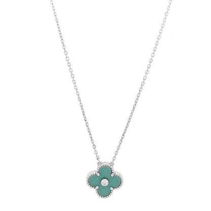 Van Cleef & Arpels 18K White Gold Diamond Celadon Green Sevres Porcelain Vintage Alhambra Pendant Necklace 1 of 5
