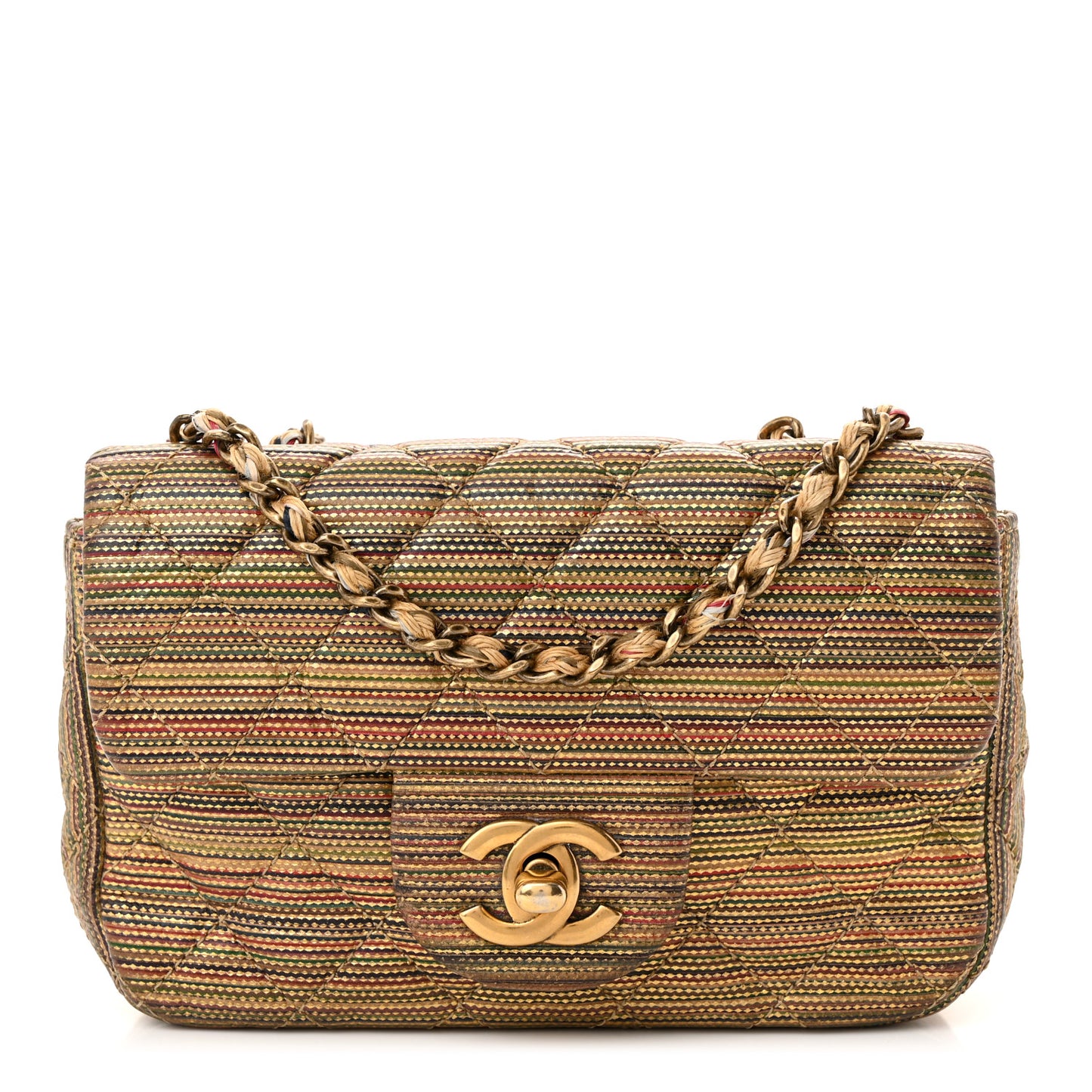 Metallic Sheepskin Thin Striped Extra Mini Flap Multicolor Gold