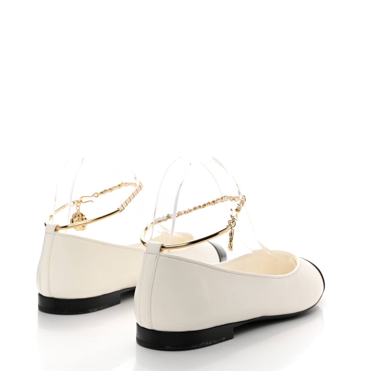 Lambskin Patent Calfskin Cap Toe Ankle Chain Ballerina Flats 39.5 White Black