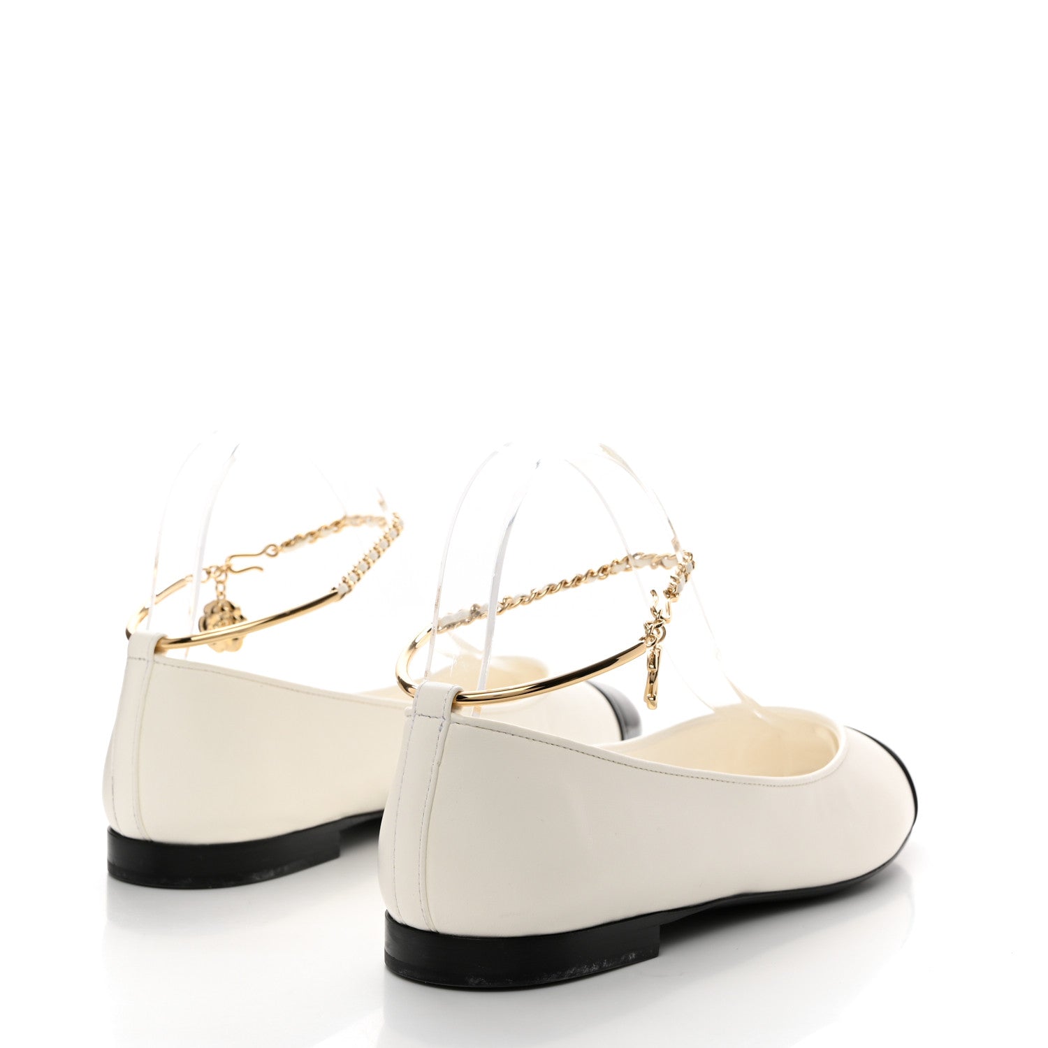 Chanel Lambskin Patent Calfskin Cap Toe Ankle Chain Ballerina Flats 39.5 White Black 4 of 9