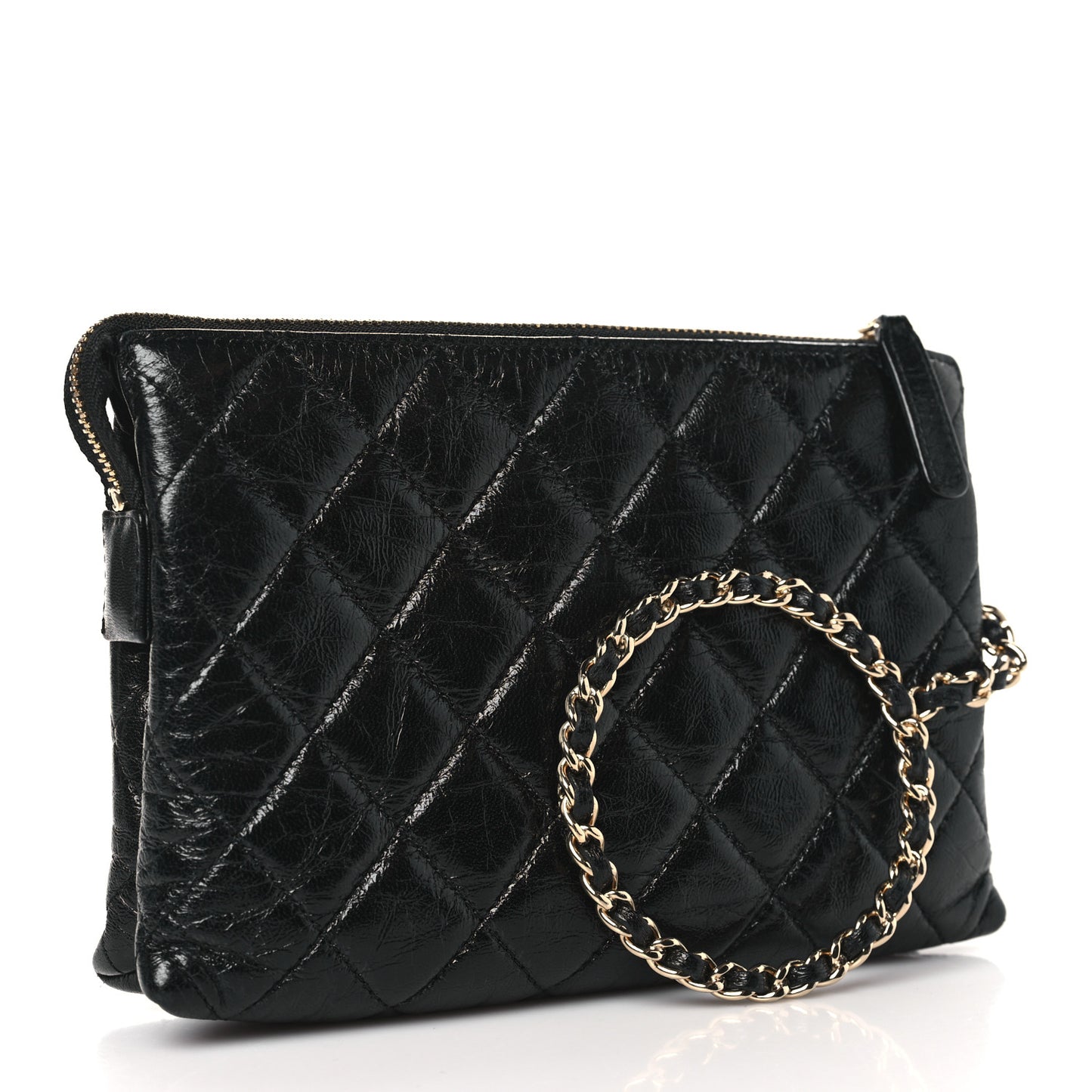 Shiny Crumpled Calfskin Quilted Clutch Bag Black