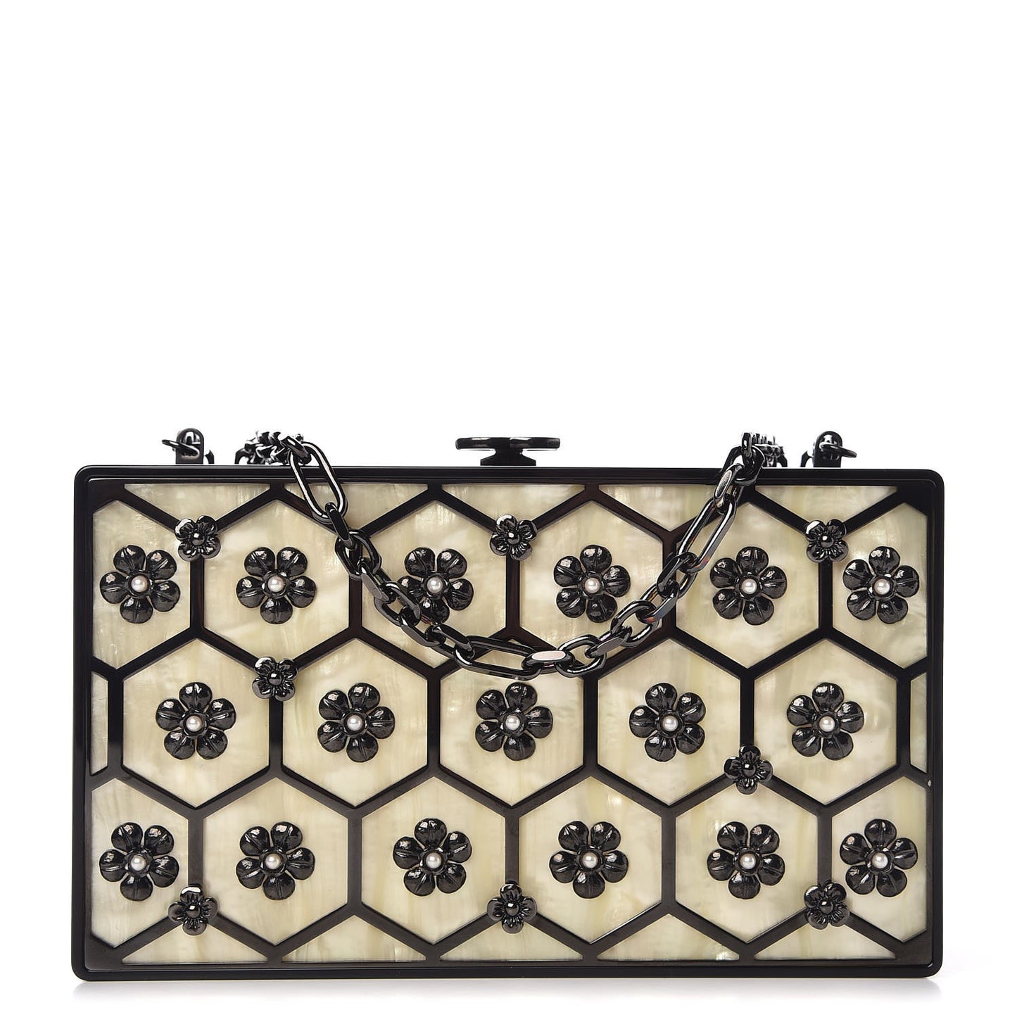 Plexiglass Brass Camelia Minaudiere Clutch Black