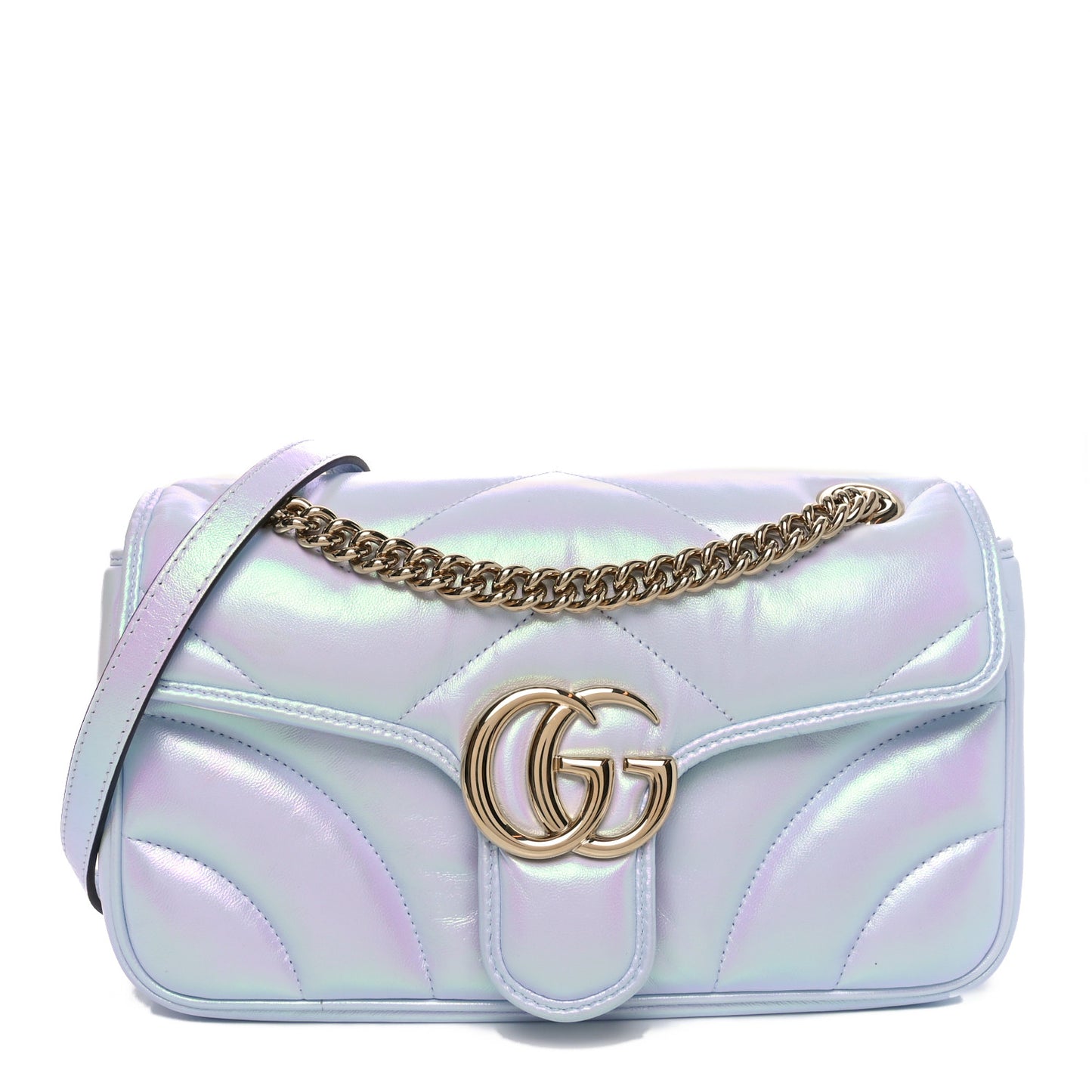 Iridescent Nappa Chevron Matelasse Small GG Marmont Shoulder Bag Iridescent Snow Light Blue