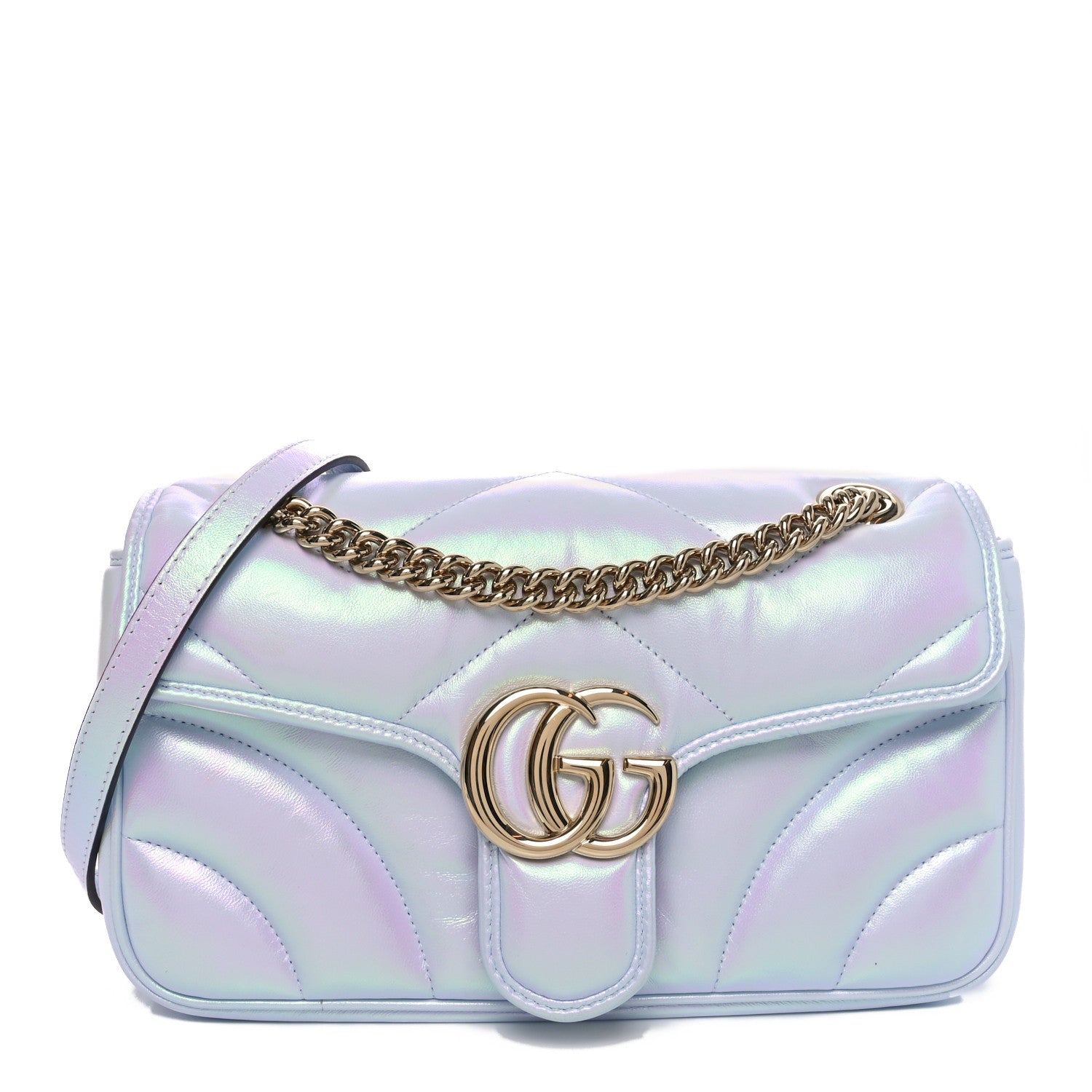Gucci Iridescent Nappa Chevron Matelasse Small GG Marmont Shoulder Bag Iridescent Snow Light Blue 1 of 10