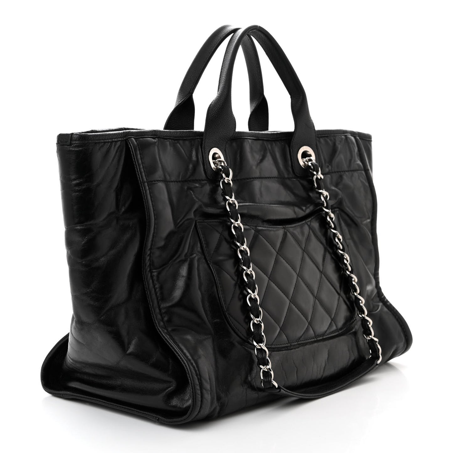 Glazed Calfskin Medium Deauville Tote Black