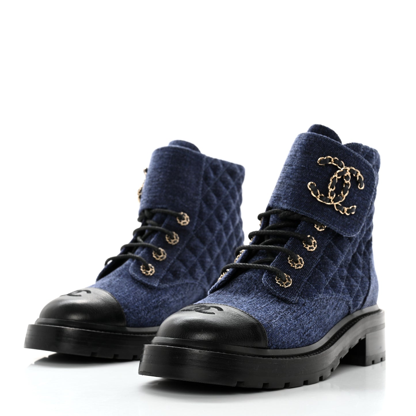 Denim Calfskin Quilted Lace Up Combat Boots 39.5 Blue