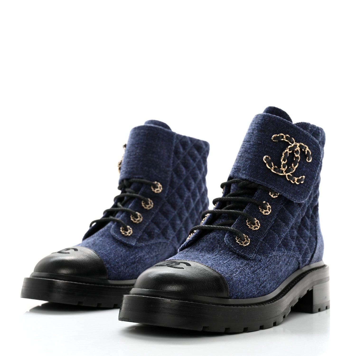Chanel Denim Calfskin Quilted Lace Up Combat Boots 39.5 Blue 3 of 10