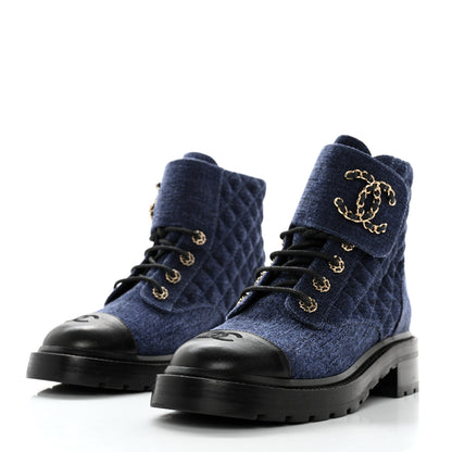 Chanel Denim Calfskin Quilted Lace Up Combat Boots 39.5 Blue 3 of 10