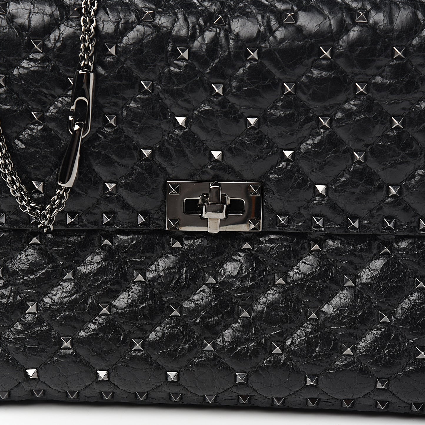 Craquele Nappa Large Rockstud Spike Shoulder Bag Black