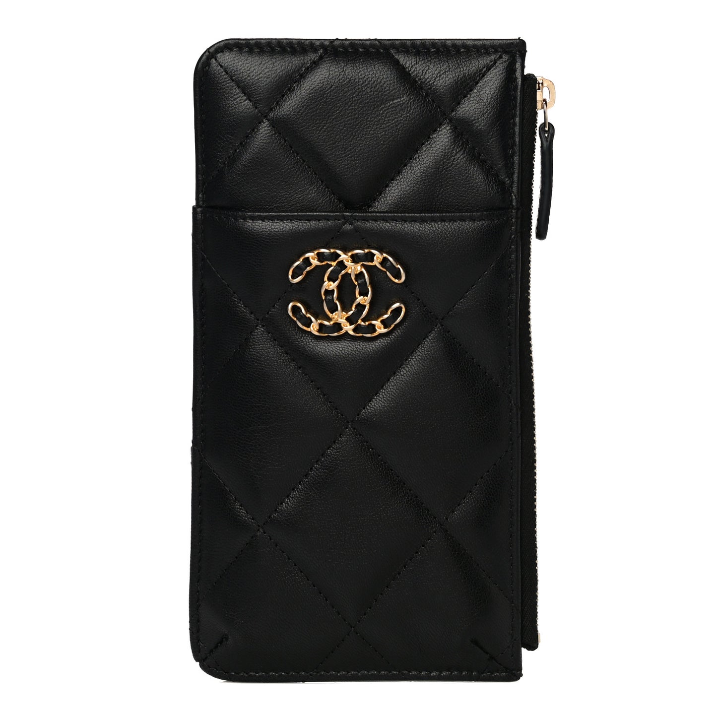Goatskin Quilted Chanel 19 Flat Wallet Pouch Black