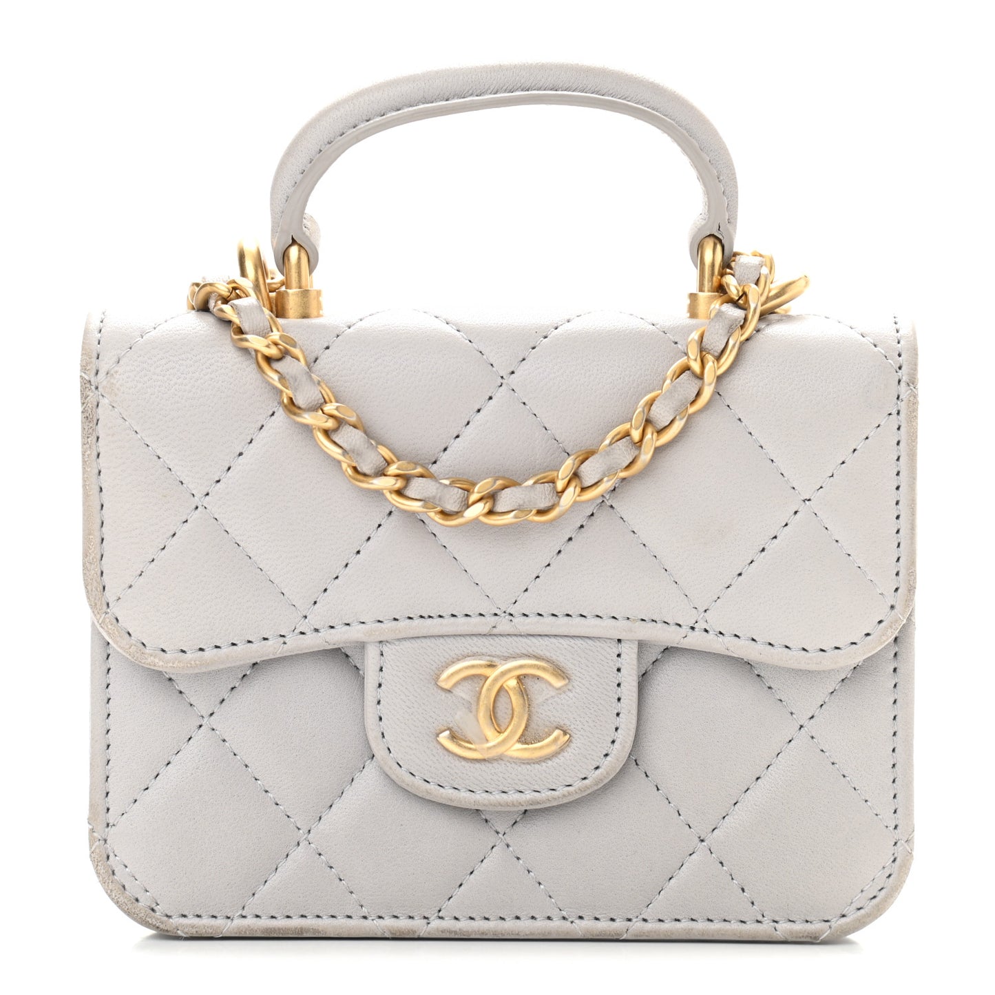 Lambskin Quilted Top Handle Flap Coin Purse With Chain Grey