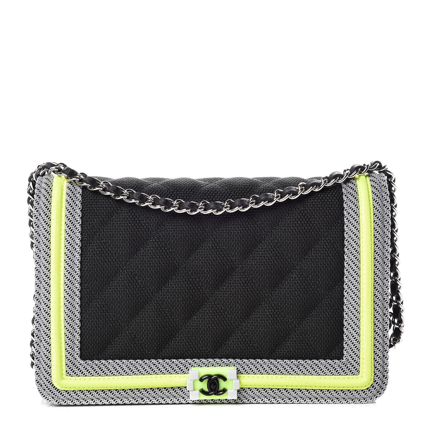 Chanel Canvas Quilted Fluo Boy Wallet On Chain WOC Black Grey Yellow 1 of 15