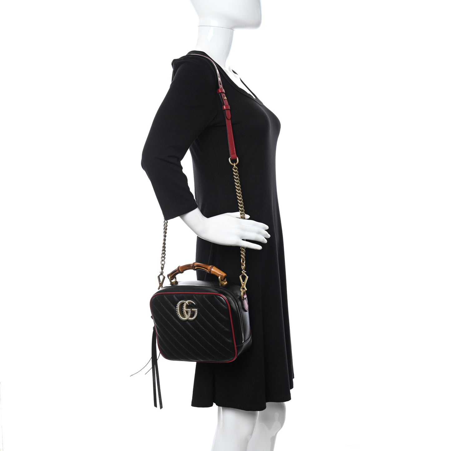 Vintage Effect Calfskin Matelasse Diagonal Small Torchon GG Marmont Bamboo Top Handle Shoulder Bag Black Romantic Cherry
