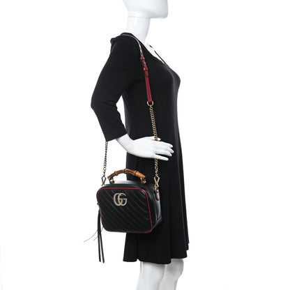 Gucci Vintage Effect Calfskin Matelasse Diagonal Small Torchon GG Marmont Bamboo Top Handle Shoulder Bag Black Romantic Cherry 2 of 12
