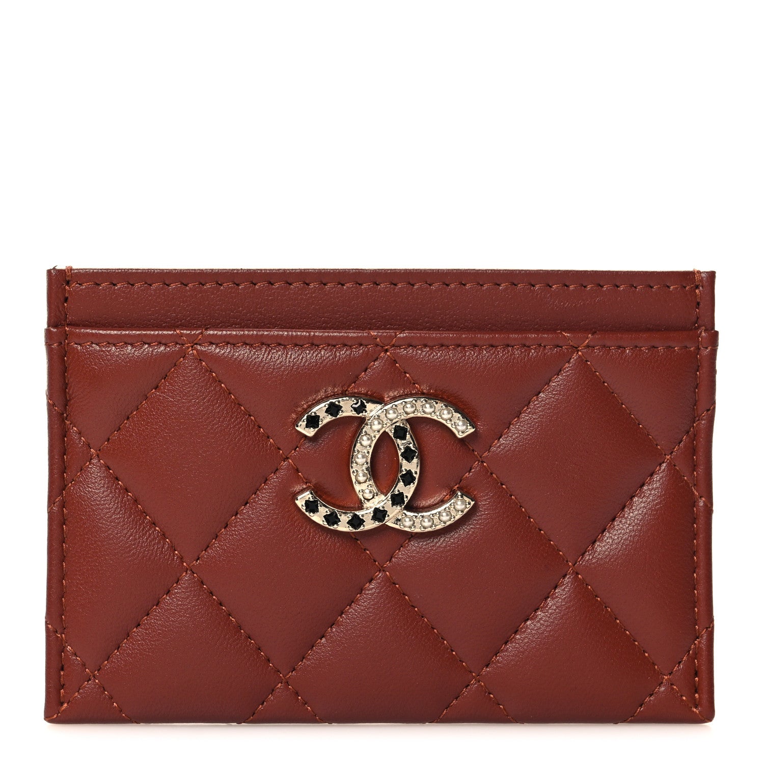 Chanel Lambskin Pearl Enamel Quilted CC Card Holder Brown 1 of 9