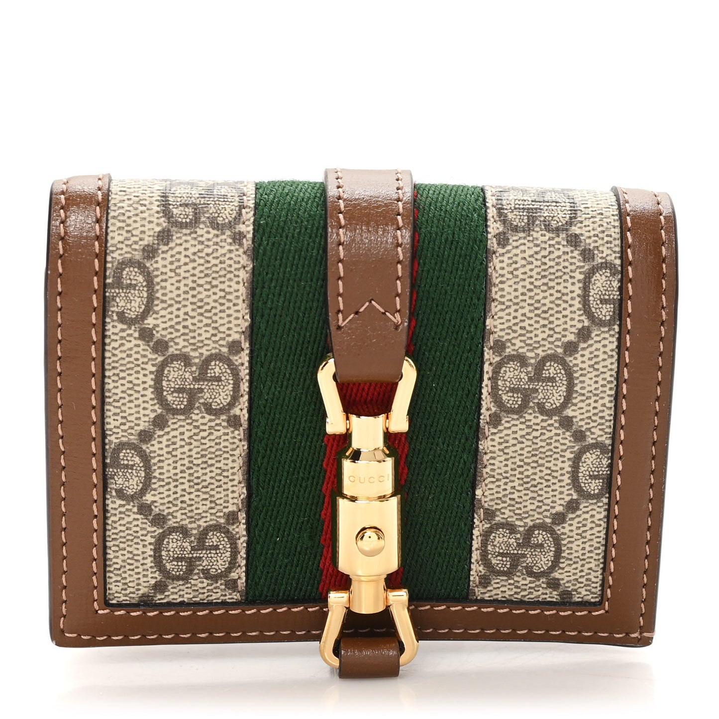 GG Supreme Monogram Textured Calfskin Web Jackie 1961 Card Case Beige Ebony Brown Sugar