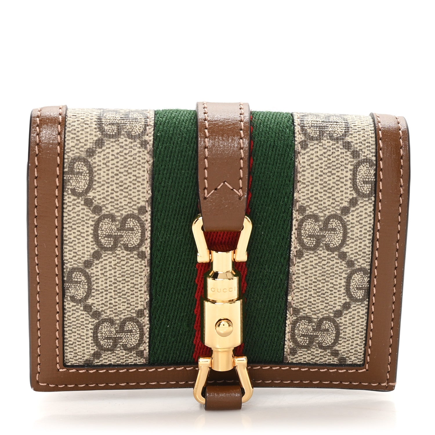Gucci GG Supreme Monogram Textured Calfskin Web Jackie 1961 Card Case Beige Ebony Brown Sugar 1 of 7