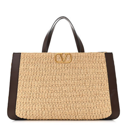Valentino Garavani Raffia Calfskin Vlogo Tote Naturale Fondant 1 of 9