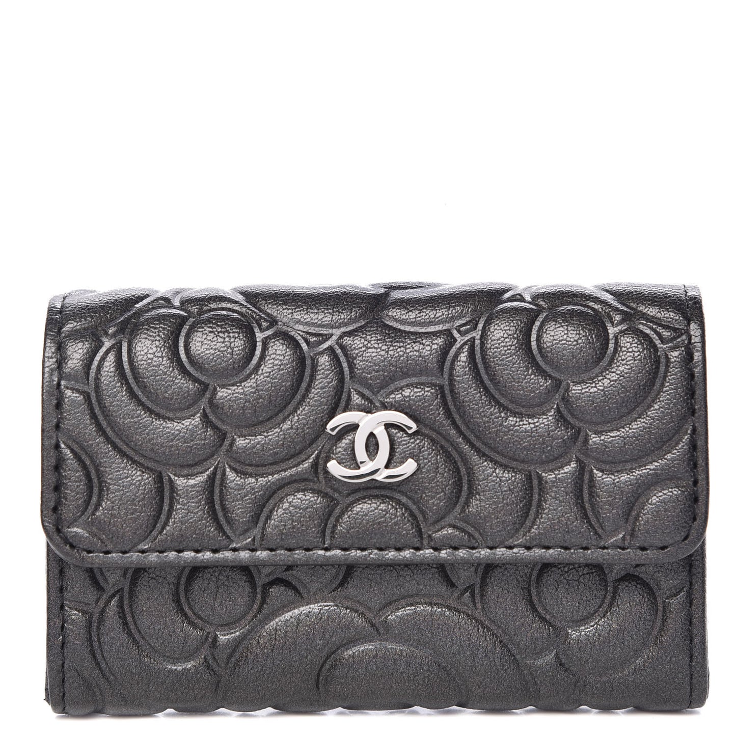 Goatskin Camellia Embossed Card Holder Wallet Grey