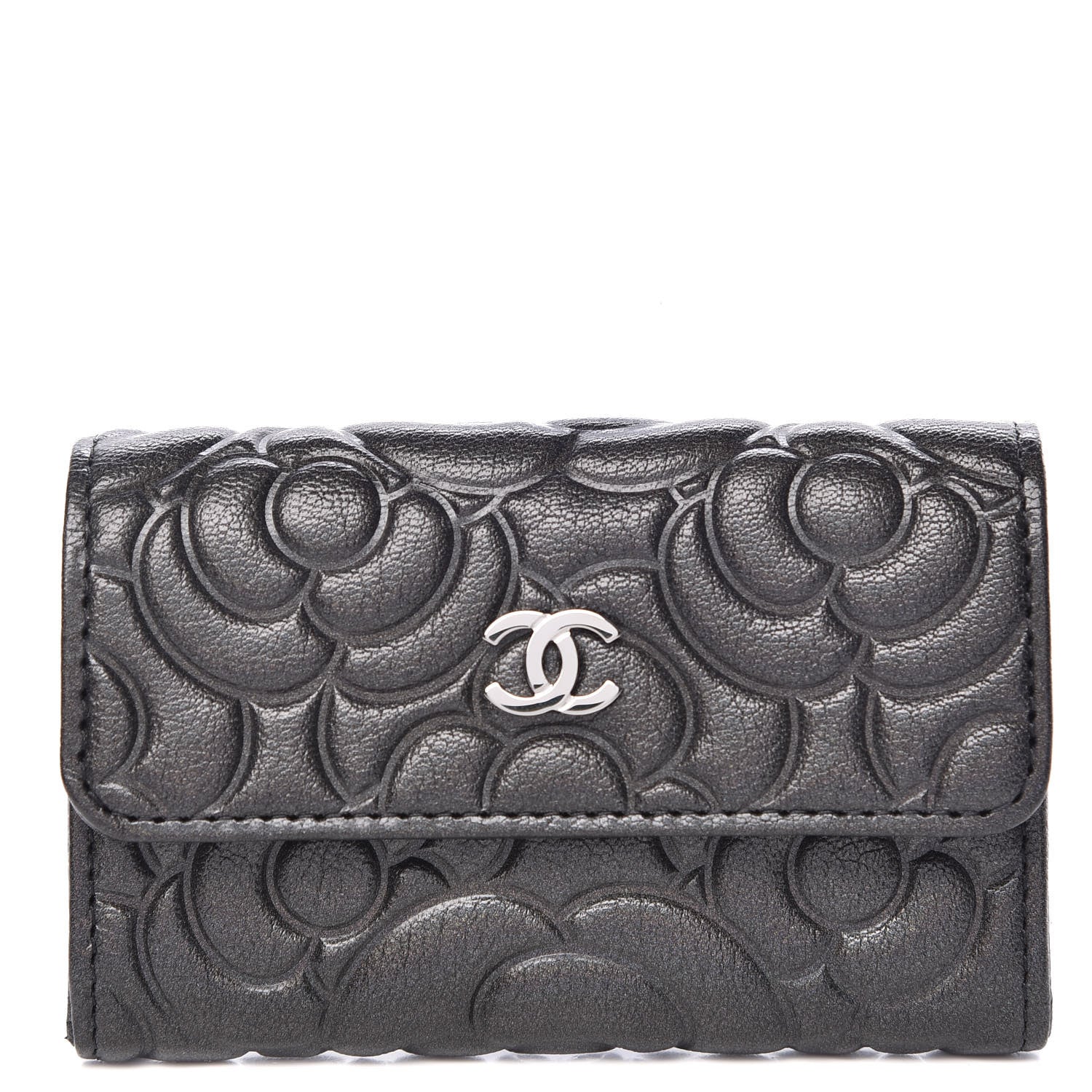 Chanel Goatskin Camellia Embossed Card Holder Wallet Grey 1 of 9