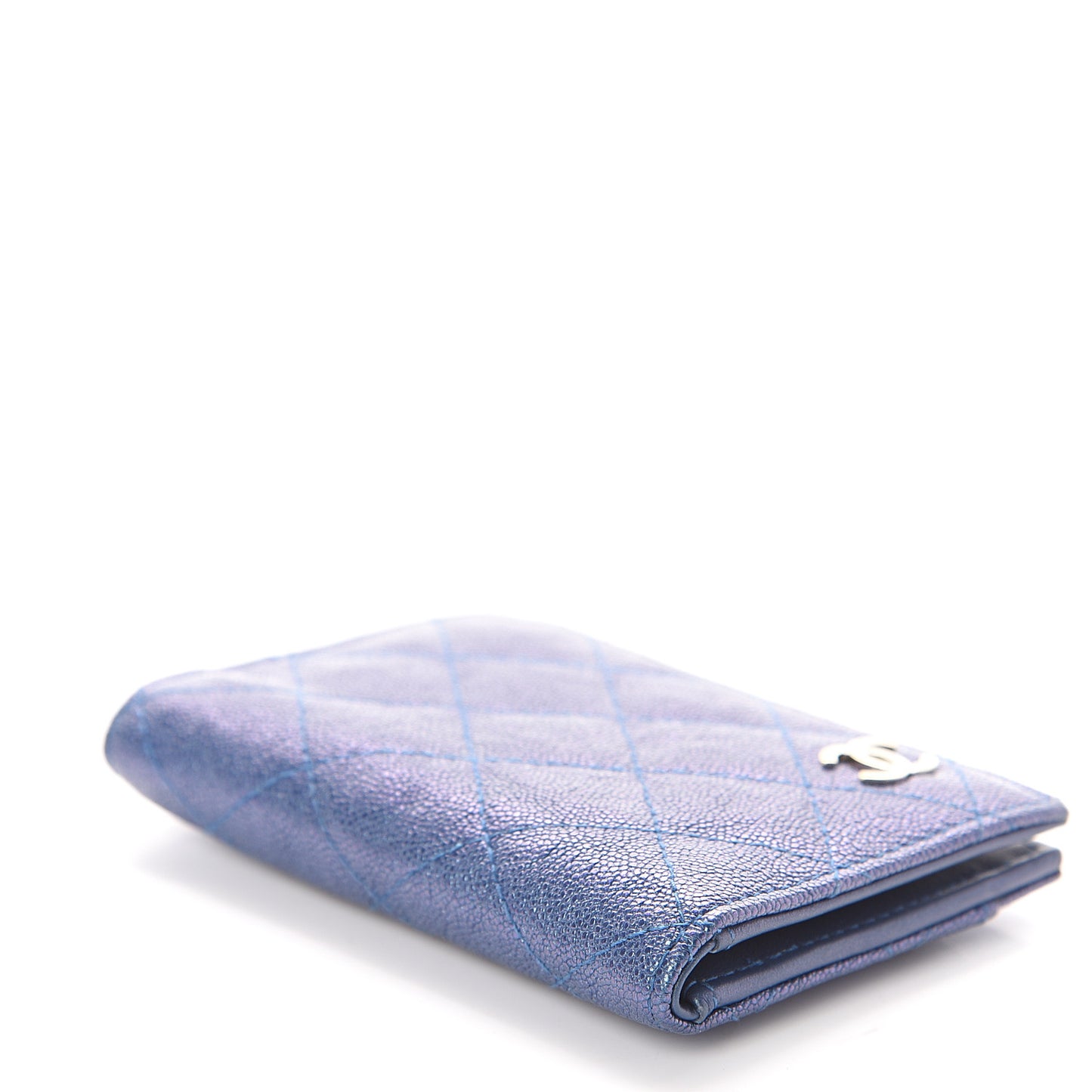 Iridescent Caviar Quilted Card Holder Wallet Dark Blue