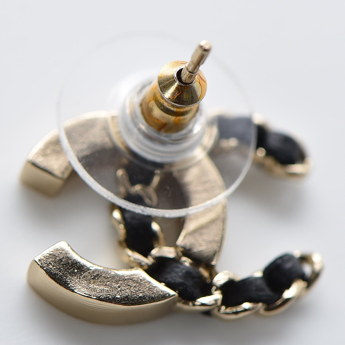 Crystal Baguette Lambskin Chain CC Vintage Allure Stud Earrings Black Gold