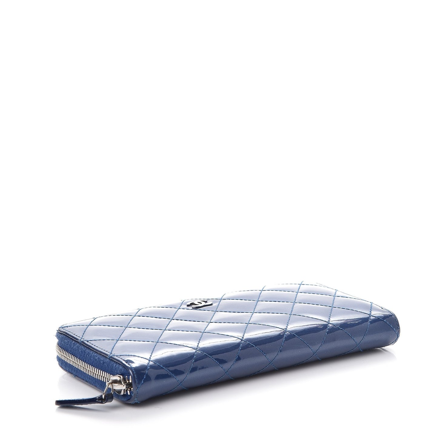 Patent Calfskin Quilted Large Gusset Zip Around Wallet Blue