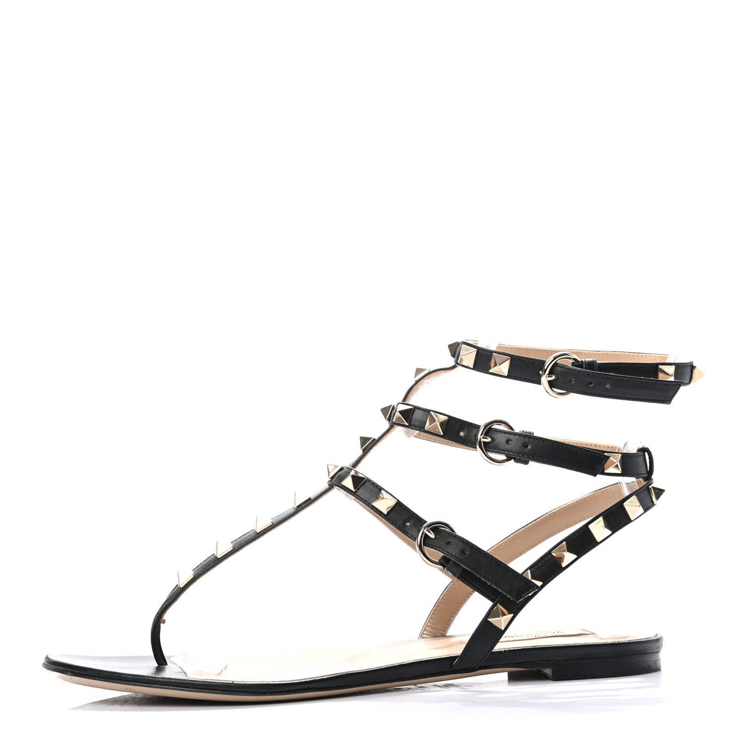 Valentino Garavani Nappa Rockstud Ankle Strap Flat Thong Sandals 39 Black 1 of 8