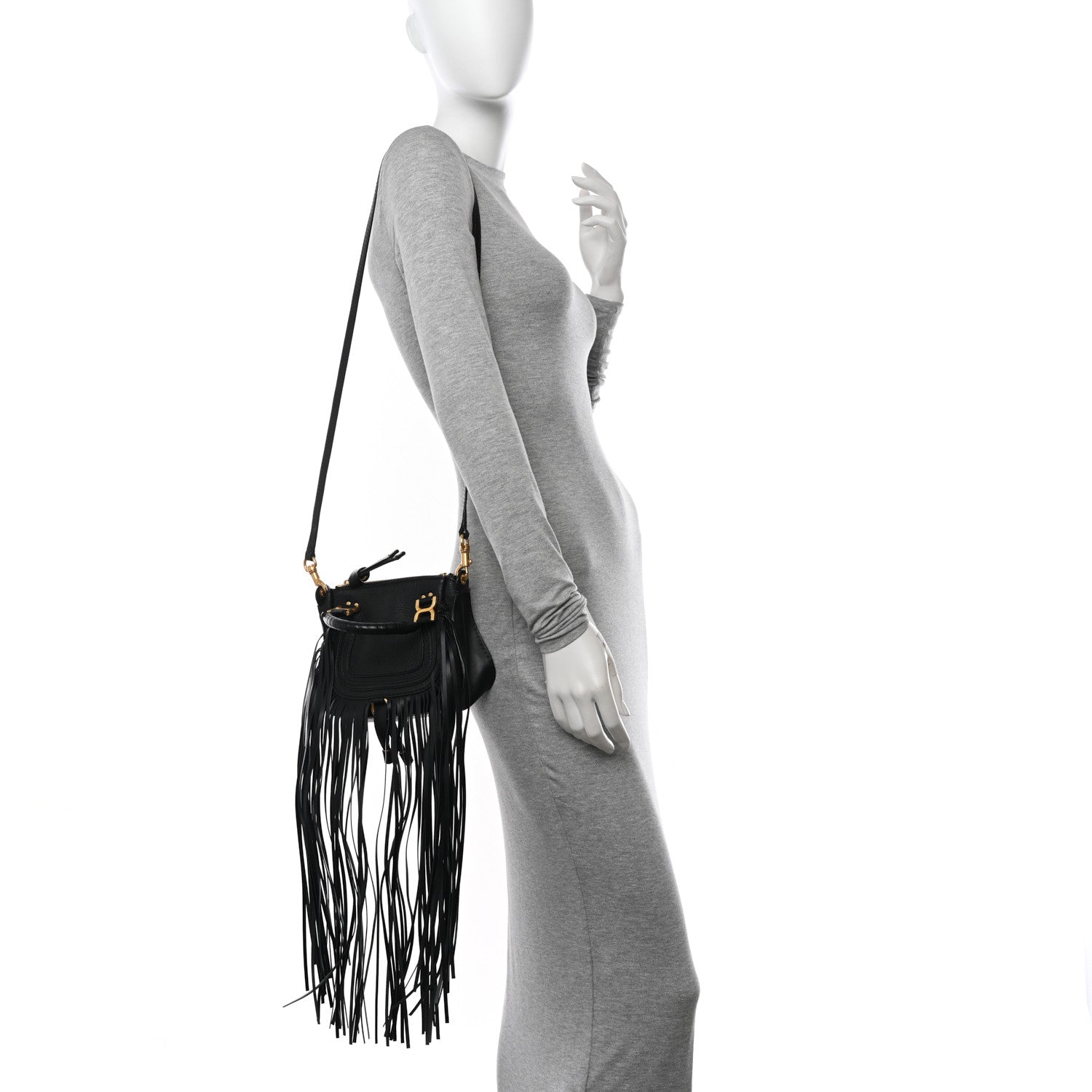 Chloe Shiny Small Grain Calfskin Mini Marcie Multi Fringe Satchel Black 2 of 12