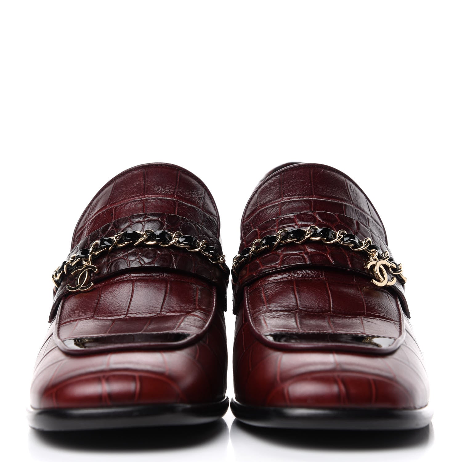 Chanel Crocodile Embossed Calfskin CC Chain Mocassin Loafers 39 Burgundy Black 2 of 11