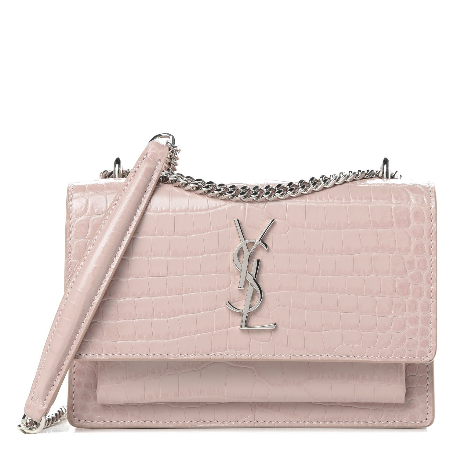 Saint Laurent Calfskin Crocodile Embossed Monogram Sunset Chain Wallet Marble Pink 1 of 12