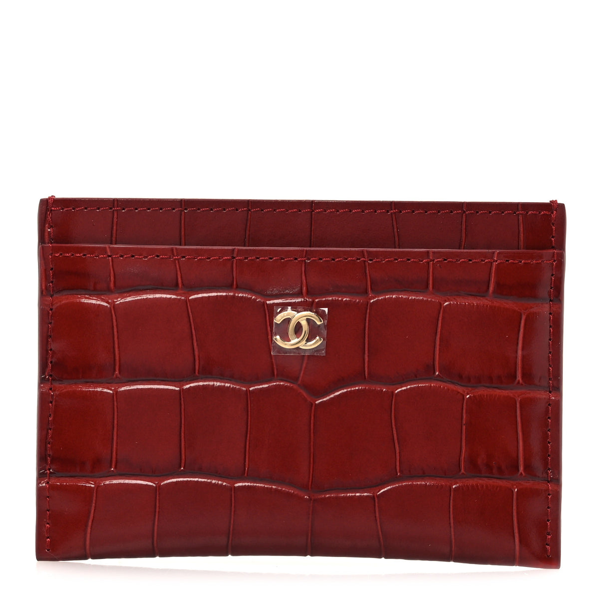 Calfskin Crocodile Embossed Crococo Card Holder Burgundy