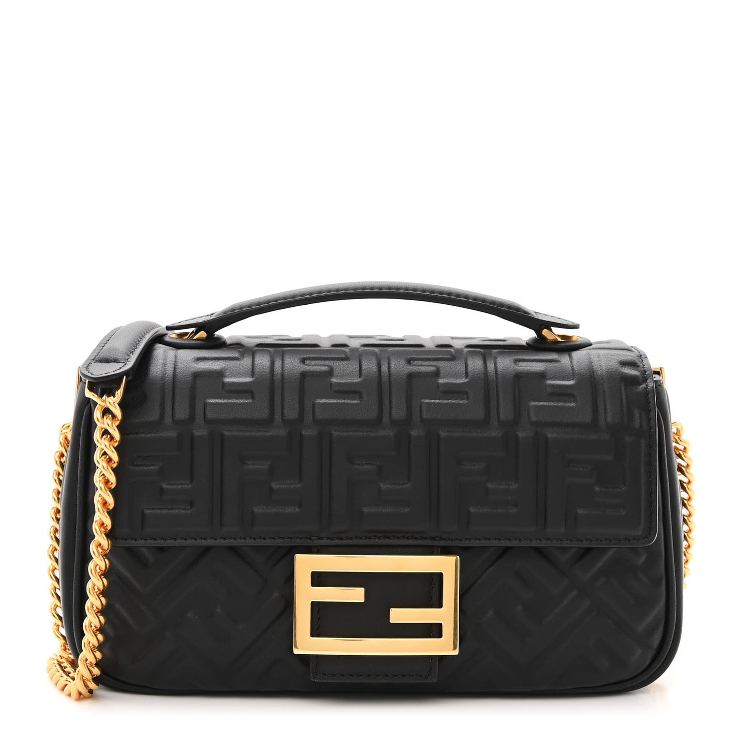 Nappa Small FF Embossed Midi Chain Baguette Black