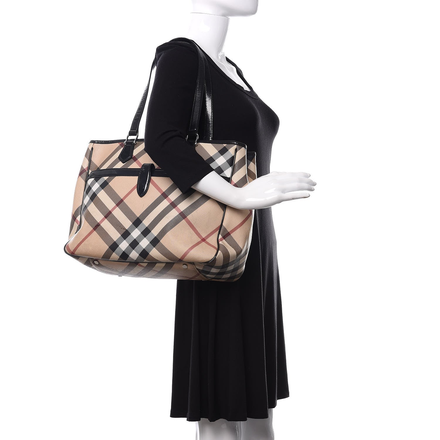 Burberry Patent Trim Nova Check Tote Black 2 of 28