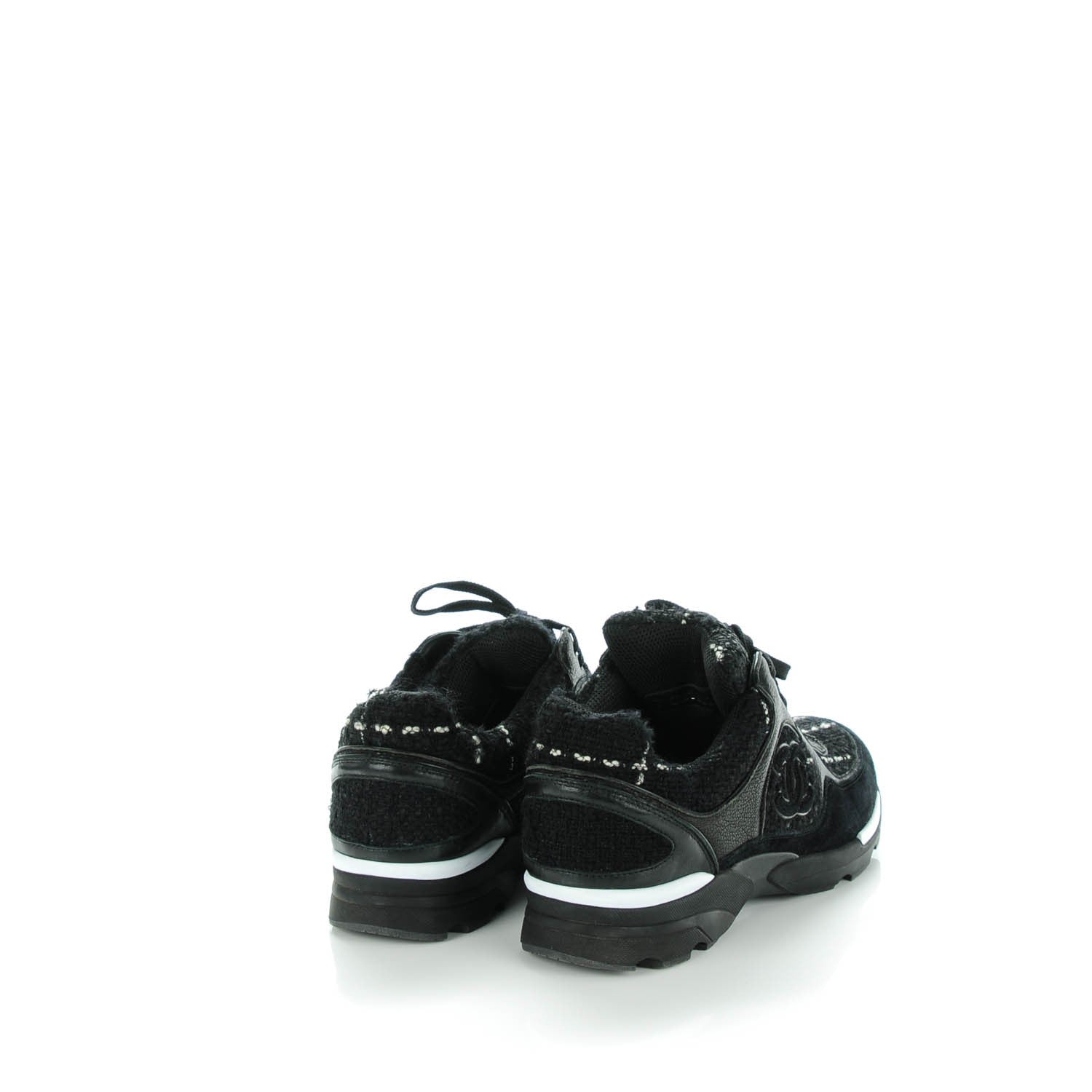 Chanel Tweed Suede Goatskin CC Sneakers 39 Black White 4 of 7
