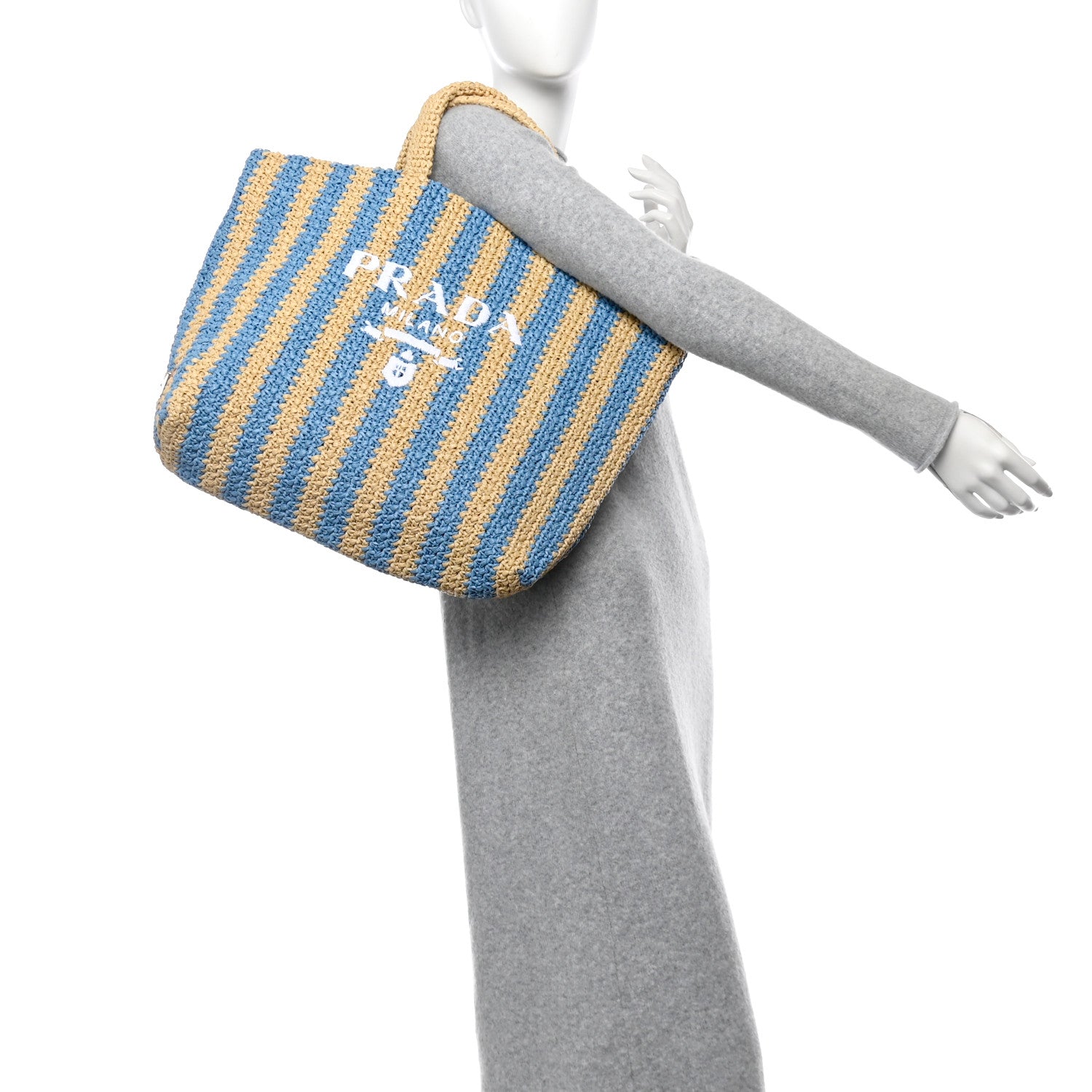 Prada Yarn Raffia Effect Crochet Striped Large Logo Tote Naturale Celeste 2 of 10