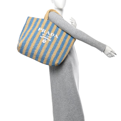 Prada Yarn Raffia Effect Crochet Striped Large Logo Tote Naturale Celeste 2 of 10